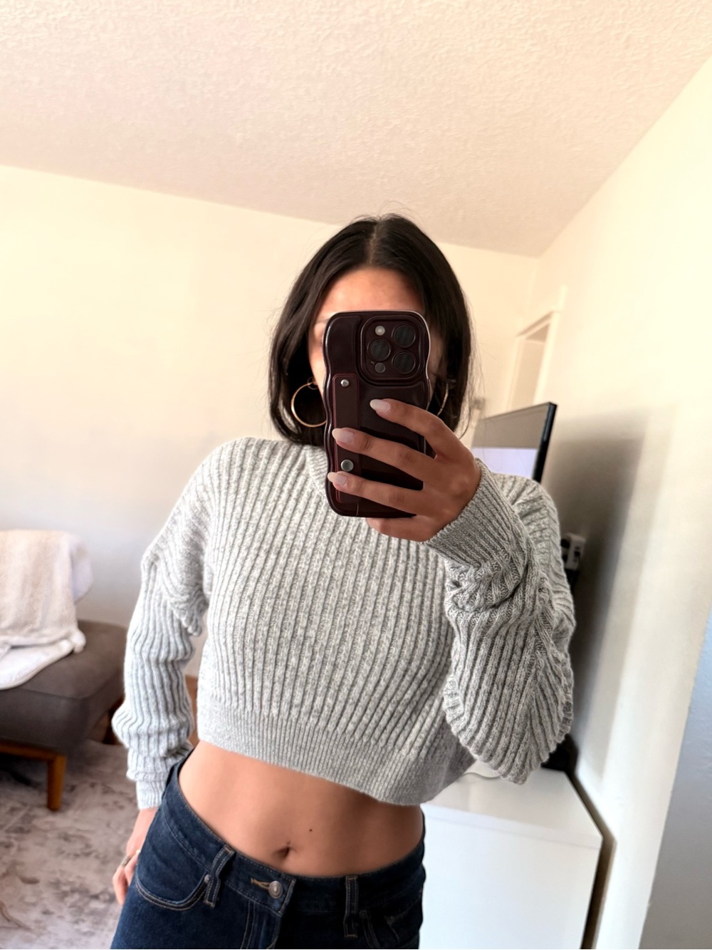 Urban Outfitters Light Gray Cropped Ribbed Crew Sweater